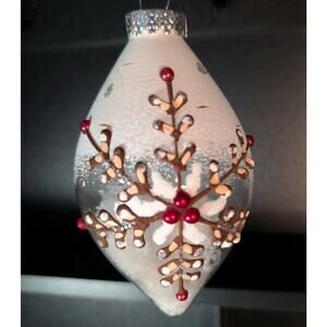 Snowflake Glass Ornament 5” Teardrop Clear Red Berries Filled Snow Vintage Look